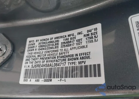 2010 Honda Cr-V Ex z USA, uszkodzony, nr VIN 5J6RE4H58AL064717